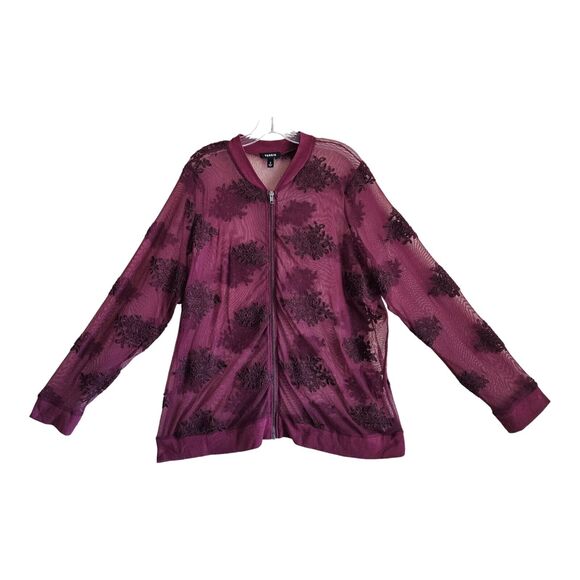 TORRID 2 Women's Plus 18 20 Sheer Mesh Jacket Burgundy Embroidered Full Zip 50" - Picture 1 of 7